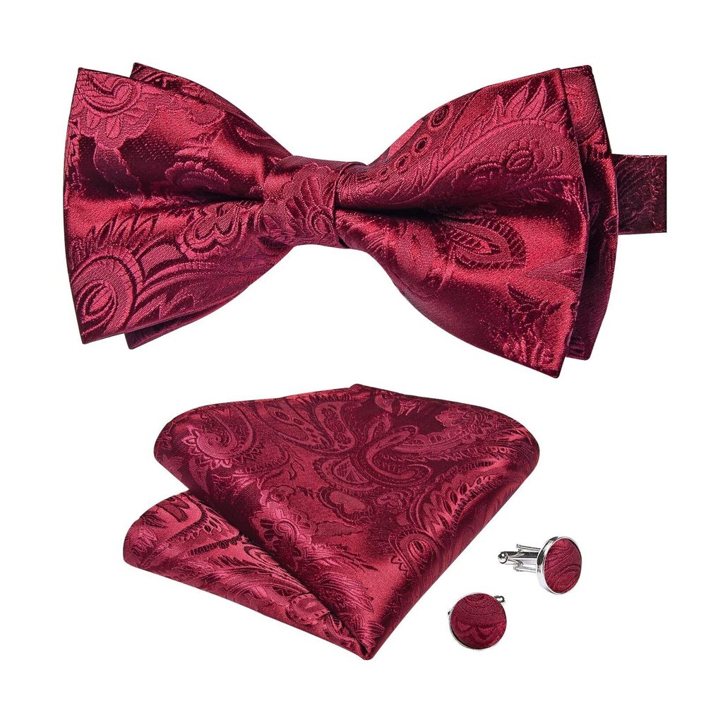 1115 Burgundy Paisley Bow Tie and Pocket Square Cufflinks Set Adjustable